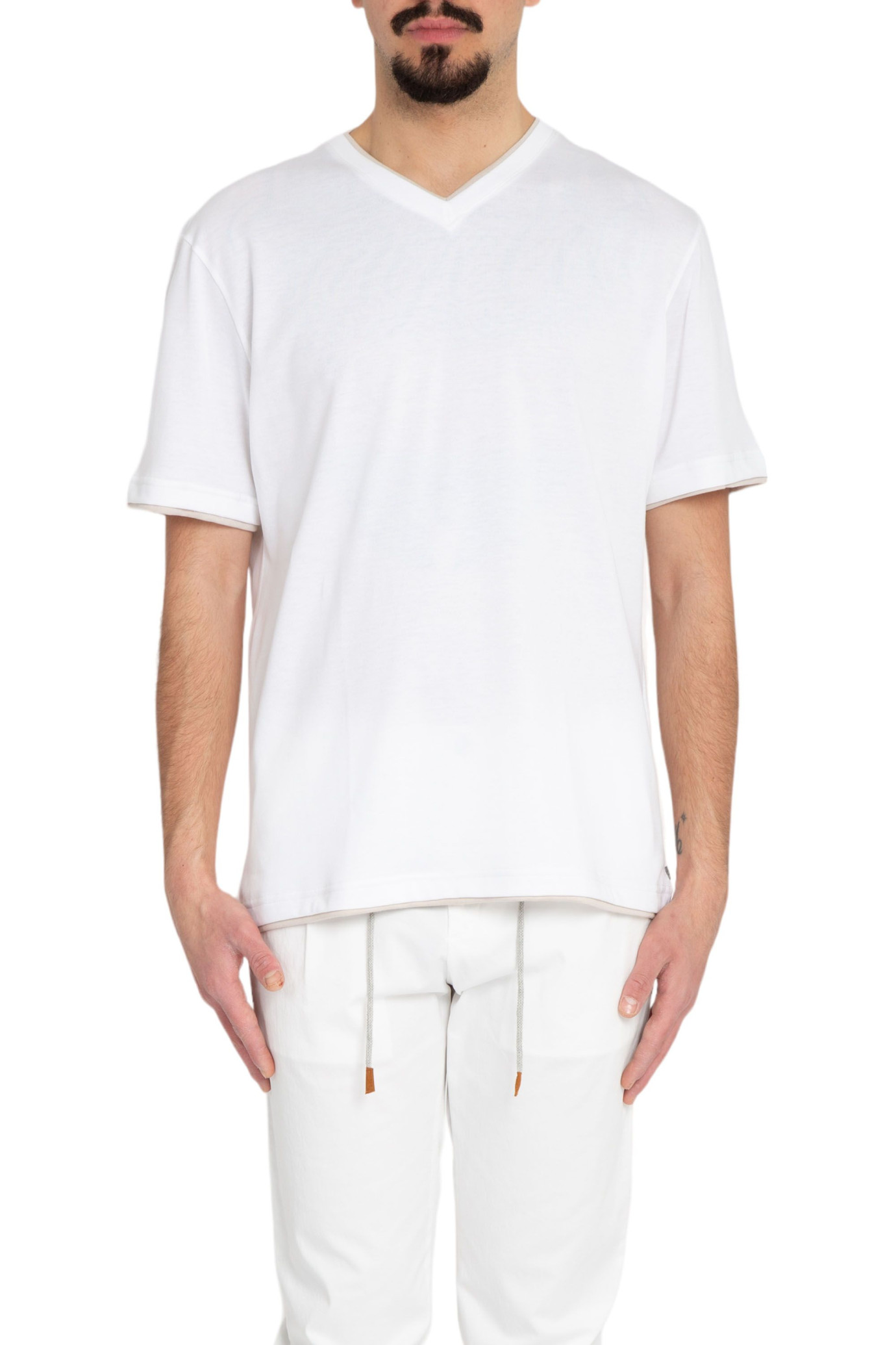 Giza Cotton Piping V-Neck Tee BIANCO