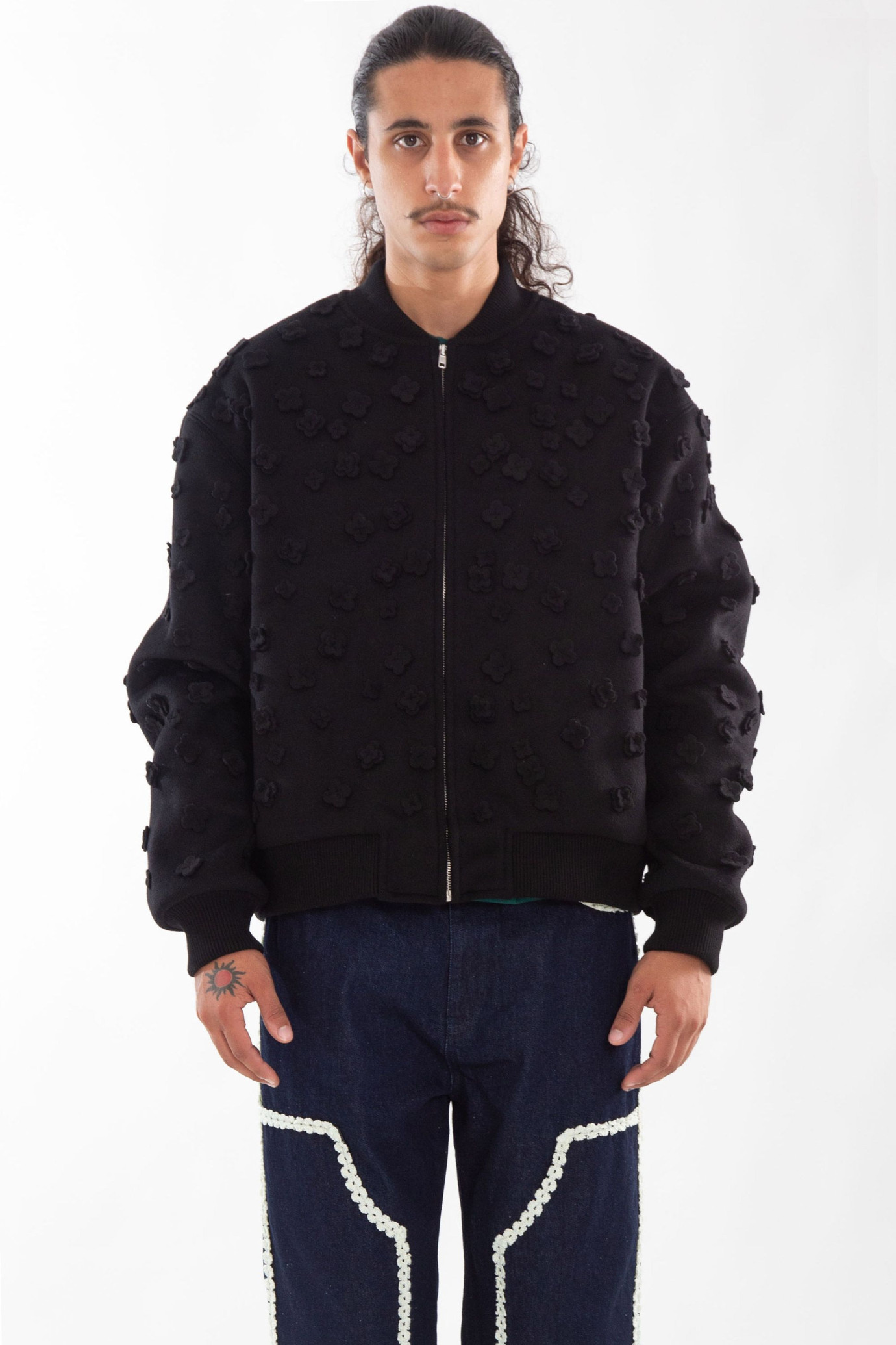 Flower Wool Zip Jacket NERO