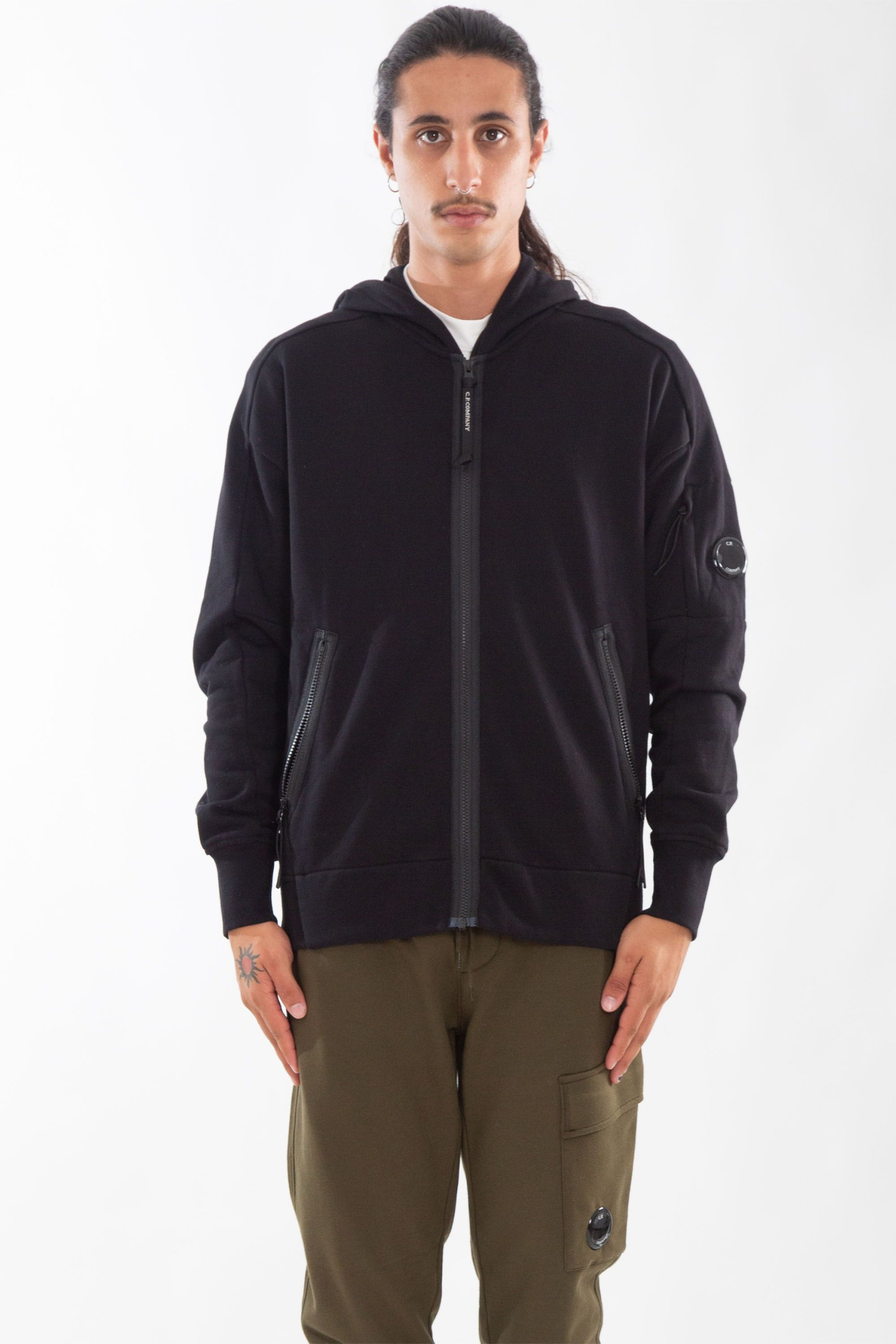 Diagonal Raised Fleece Zipped Hooded Sweatshirt NERO