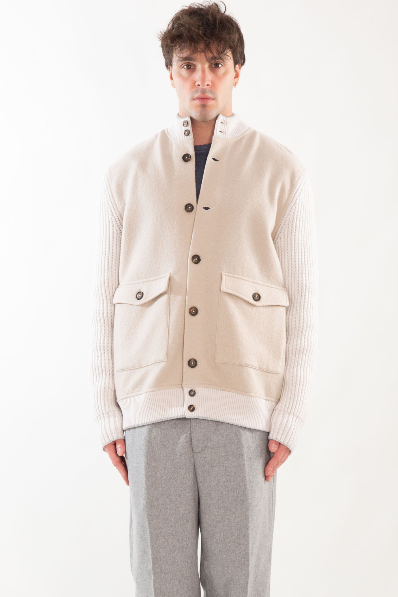 Ribbed Sleeves Wool Bomber Jacket