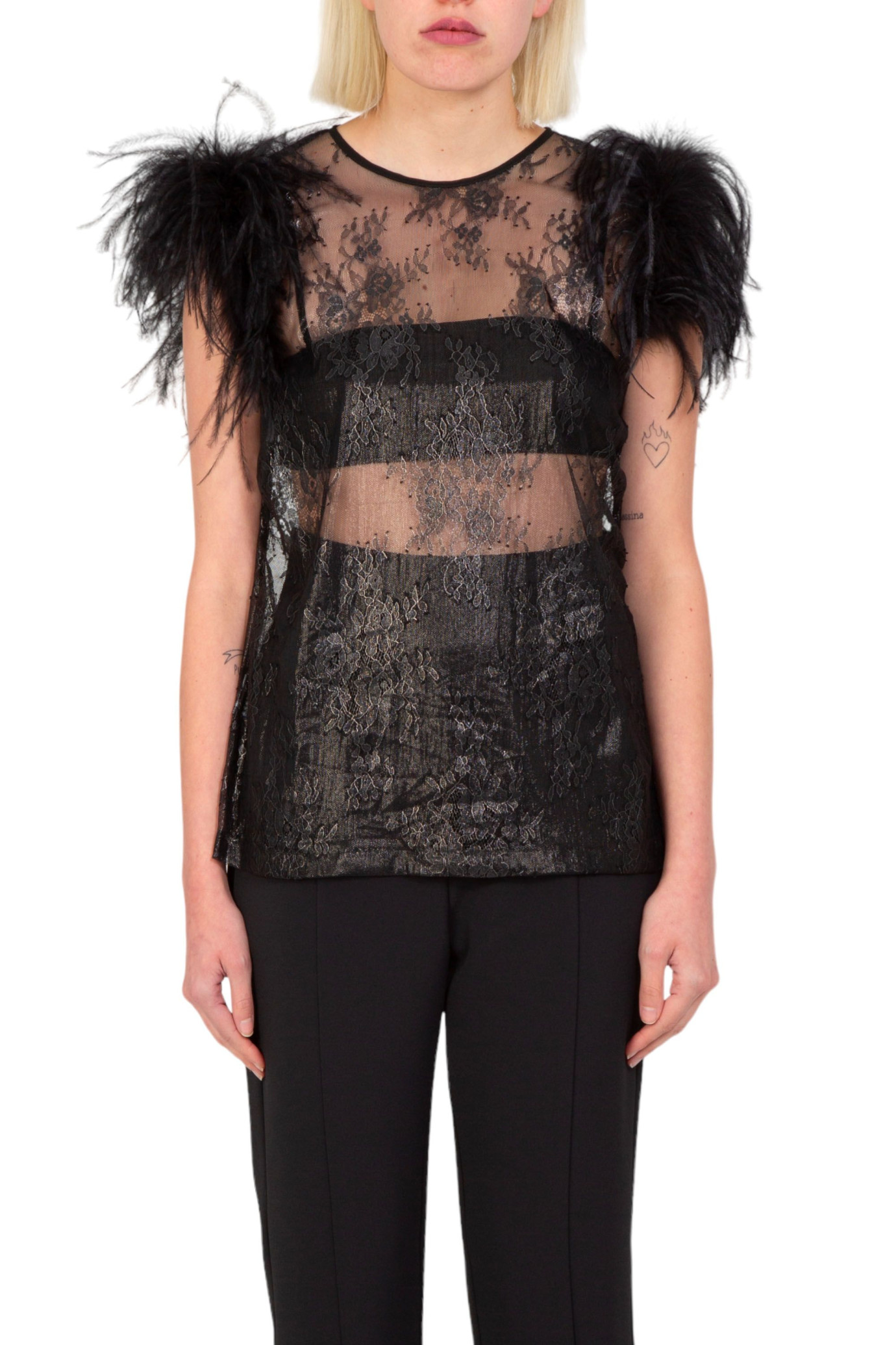 Dueuve Feathers Sheer Top NERO