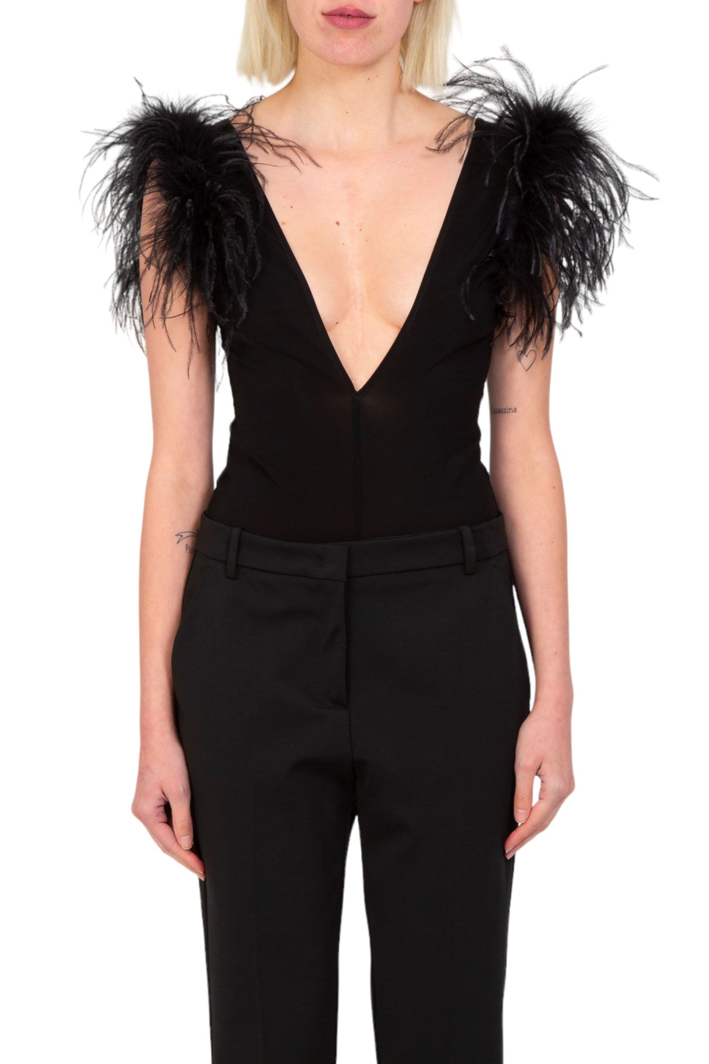 Buttafuoco Feathers Bodysuit NERO